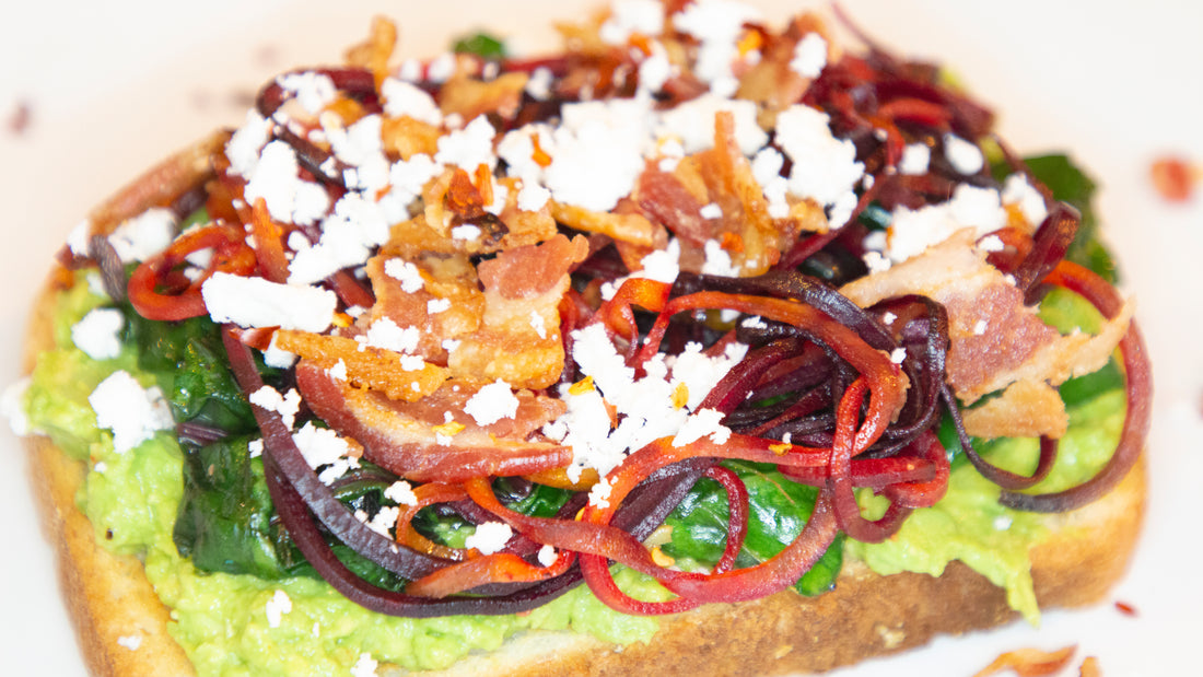 Avocado Toast with Spiralized Beets, Swiss Chard, Feta, and Bacon