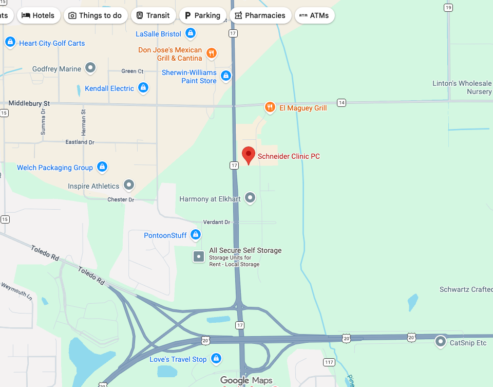Map of a local area with various businesses and landmarks marked.